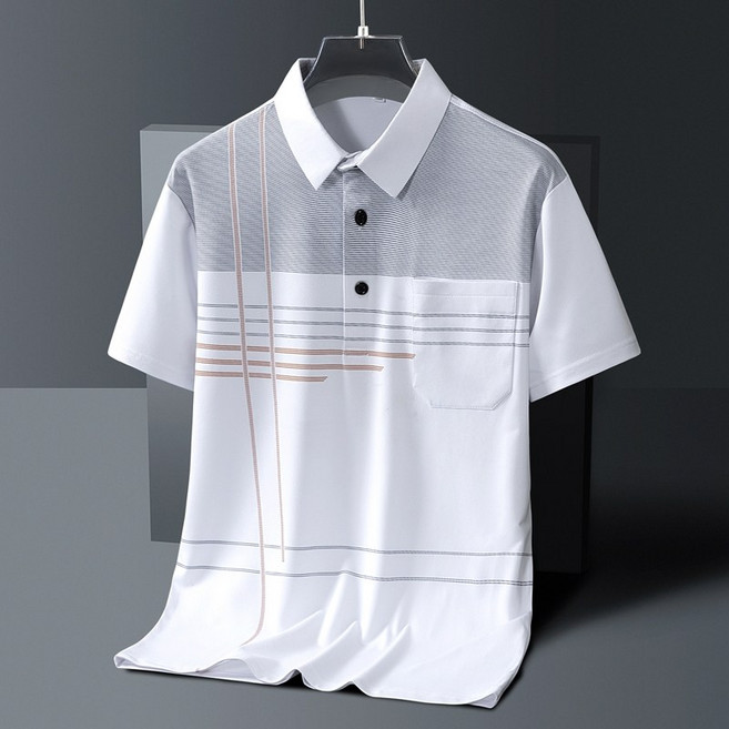 冰絲口袋POLO衫 涼感翻領T 短袖排汗衫 中老年爸爸裝, 白色,2XL【建議60-70KG】