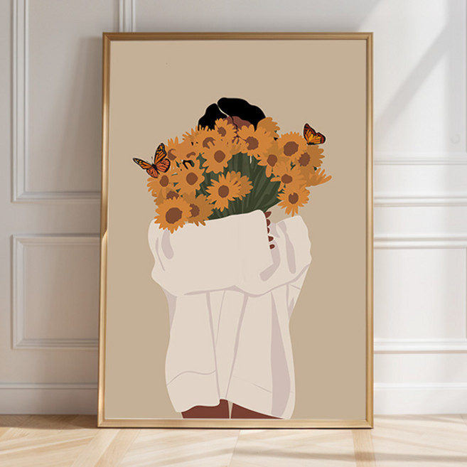 아름다운 여인 나비 해바라기 그림 거실 현관 인테리어액자 풍수 대형 캔버스 북유럽 모던, 블랙