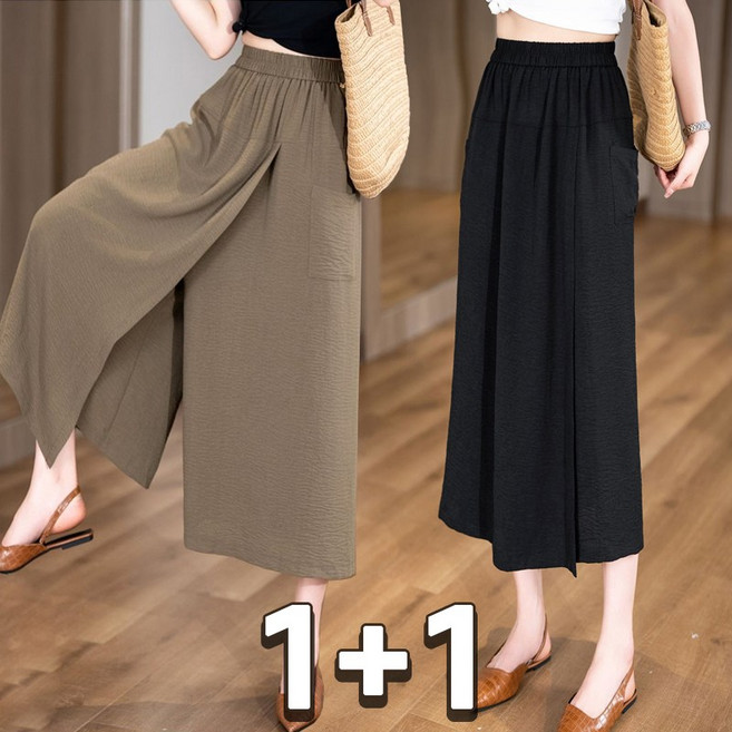 1+1 여성 여름 와이드 밴딩 치마바지 슬림핏 플레어 슬랙스 7부 팬츠 빅사이즈 얇은 쿨바지 2장묶음
