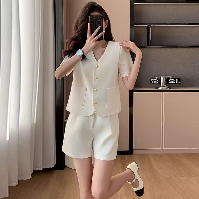 여름 여성 정장 세트 반팔 투피스 오피스룩 정장 자켓+반바지 세트 데일리룩 상하세트