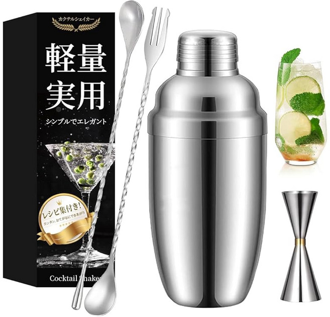 칵테일 쉐이커 4점 세트 쉐이커 바 툴 350ml 바텐더 세트 베어스 스푼 계량컵 초보자용 1인 생활 집에서 보내는 시간 아버지의 날 선물용 스테인리스제 일러스트가 포함된 설명서