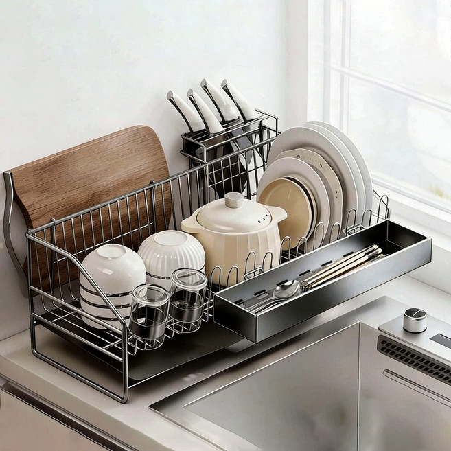 Nordlux 씽크대 식기 건조대 세트 자동 물빠짐, 1세트, 그레이, 1단