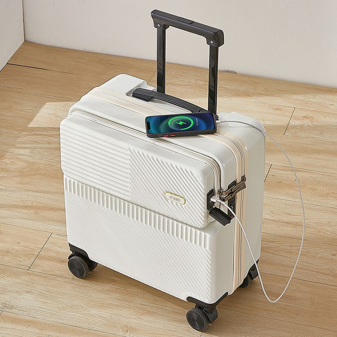 多功能前置開口登機箱 密碼鎖行李箱 學生拉桿箱, 1個, 奶白【前置開口+USB接口】輕便取物16寸（可登機加收藏送貼紙）