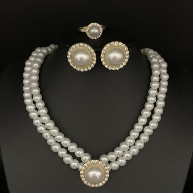 여성 파티 공연 웨딩 진주 큐빅 목걸이 반지 귀걸이 3종 세트 A1705