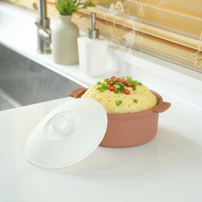 소노리떼 국산 실리콘 계란찜기 원형 대형 1200ml 라면용기, 피치베이지 화이트, 1개