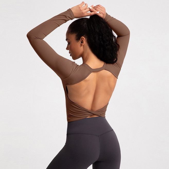 ECUPPER 여성 베이직 슬림핏 백리스 내장패드 요가 필라테스 웨이트용 긴팔 티셔츠