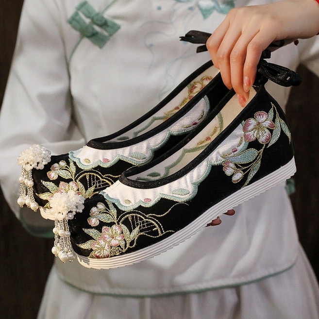 DFMEI 漢服鞋子女古風仙女翹頭中國風布鞋古裝鞋春秋學生漢服繡花鞋, 1個, 黑色:36