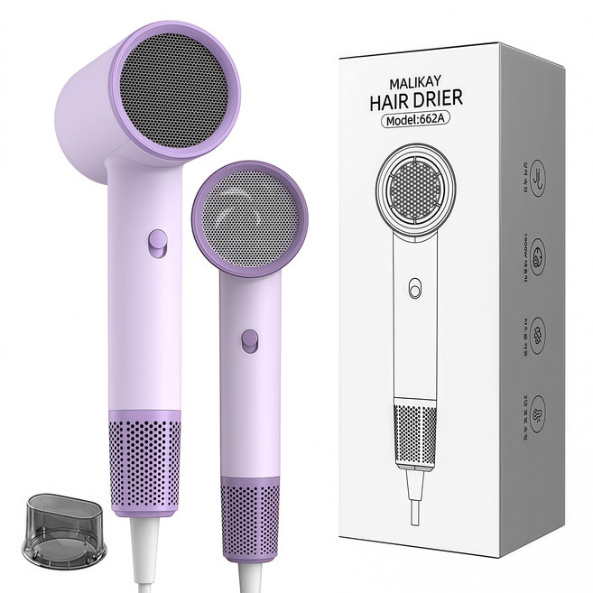 MALIKAY 헤어드라이기 블루음이온 고속 저소음 전문가용 드라이어 1800W EGTFF-1, 퍼플