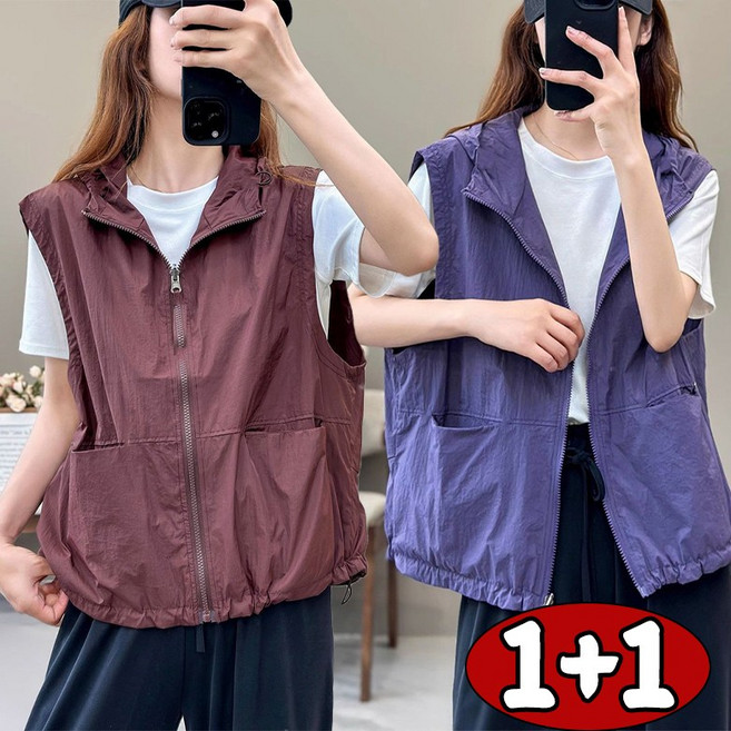 1+1 봄 여름 얇은 후드 베스트 중년여성 바람막이 조끼 데일리 심플 무지 아웃도어 통끼 엄마룩 집업 조끼자켓