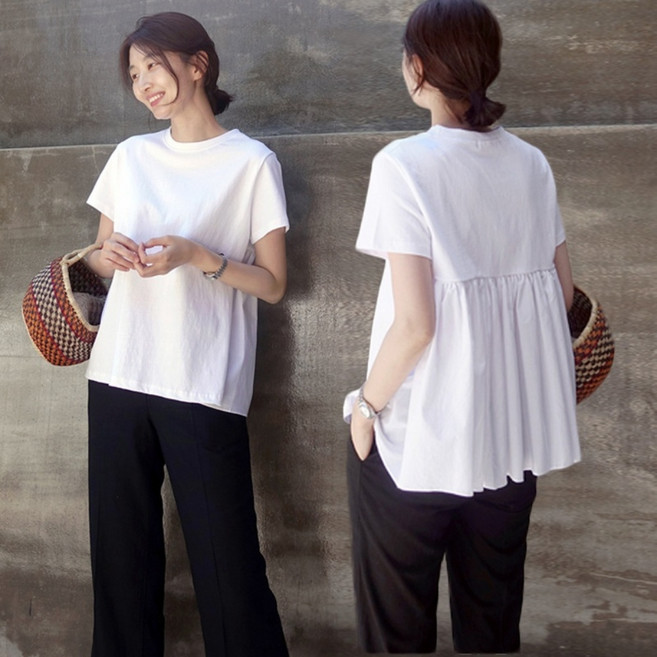 패피샵 여성용 여름 반팔 뒷셔링 루즈핏 체형커버 린넨 티셔츠