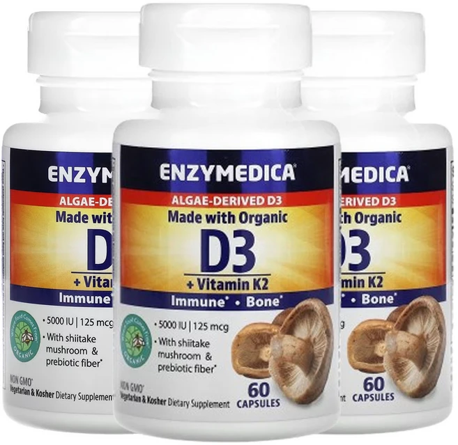 엔자이메디카 유기농 D3 + 비타민 K2 60 캡슐, 3팩, 60정 - 쿠팡