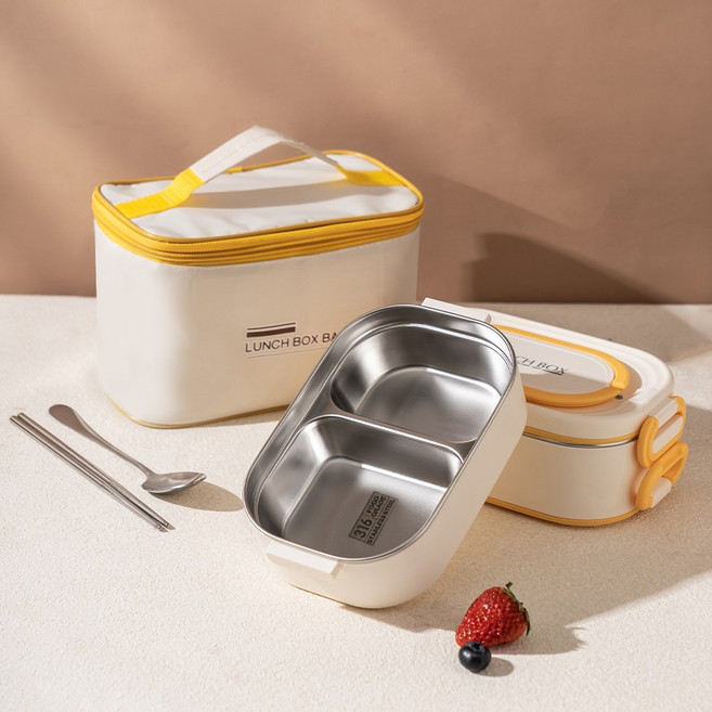 연화삼월 2단/3단 316스텐 도시락통 전자레인지 직장인도시락통 가방 수저 포함, 1개, 1600ML 2단 베이지