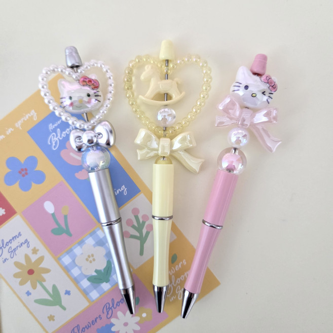 볼펜꾸미기 세트 귀여운 캐릭터 고양이 볼펜 DIY 볼꾸 비즈꾸미기세트 학생선물 핫템, 1팩, 3