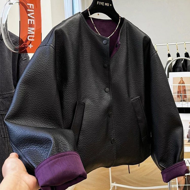 PEROLA 여성 봄 가죽 자켓 자겟 루즈핏 노카라 간절기 캐주얼 숏 가죽 자켓