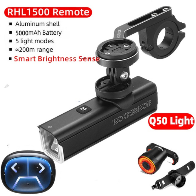 라이트 거치대 ROCKBROS 15001000LM Gopro 마운트 홀더 용 자전거 Typec 헤드 원격 제어 손전등 후면 조명 Q50 Q1, 10.RHL1500 Remote Q5, 1개