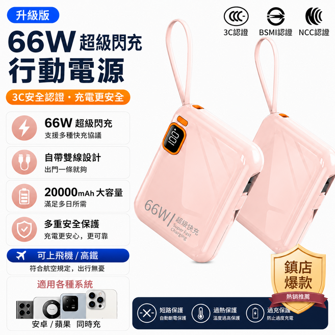 【隔日達 標示3C WH】迷你快充行動電源 20000mAh 自帶充電線 掛繩 數字顯示電量 22W快速充電 隨身行動充, 櫻花粉, 131