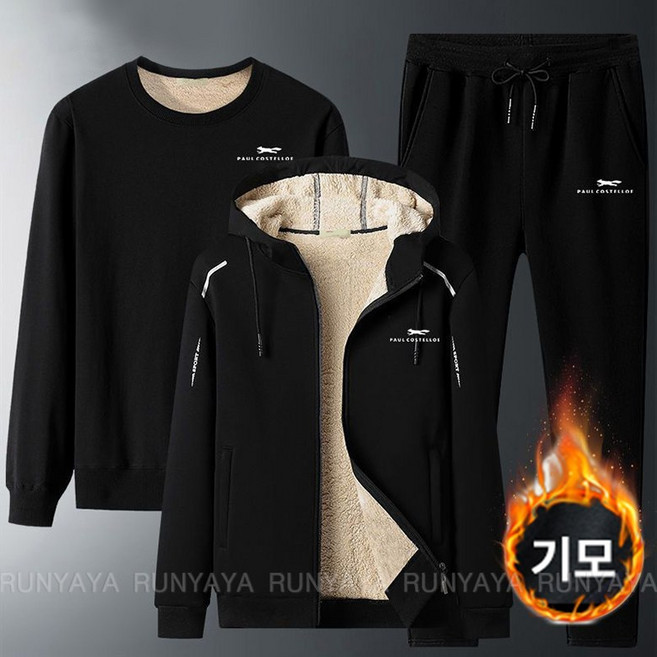 겨울 기모 후드 집업 자켓 + 라운드넥 맨투맨 티셔츠 밴딩 팬츠 캐시미어 트레이닝 세트 남자 빅사이즈 점퍼 기모 상하의 3피스 D88U