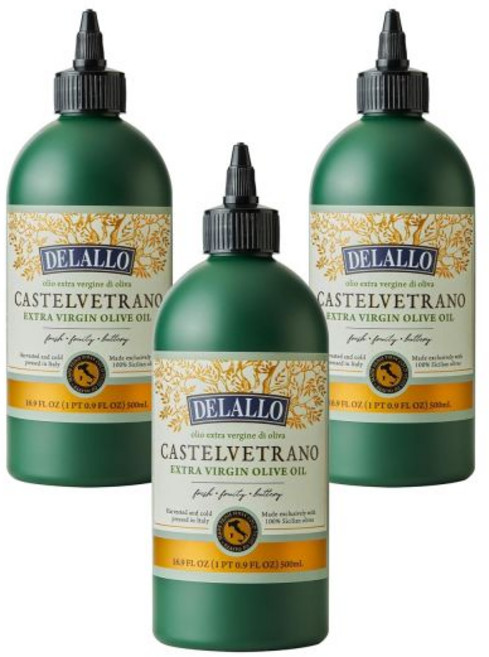 올리브유 선물용 이탈리아올리브유 델랄로 카스텔베트라노 엑스트라 버진 올리브 오일 16.9온스 스퀴즈 병 3팩 이탈리아 제품 100% 시칠리아 올리브로 만들어 요리 드리즐링 올, 500ml