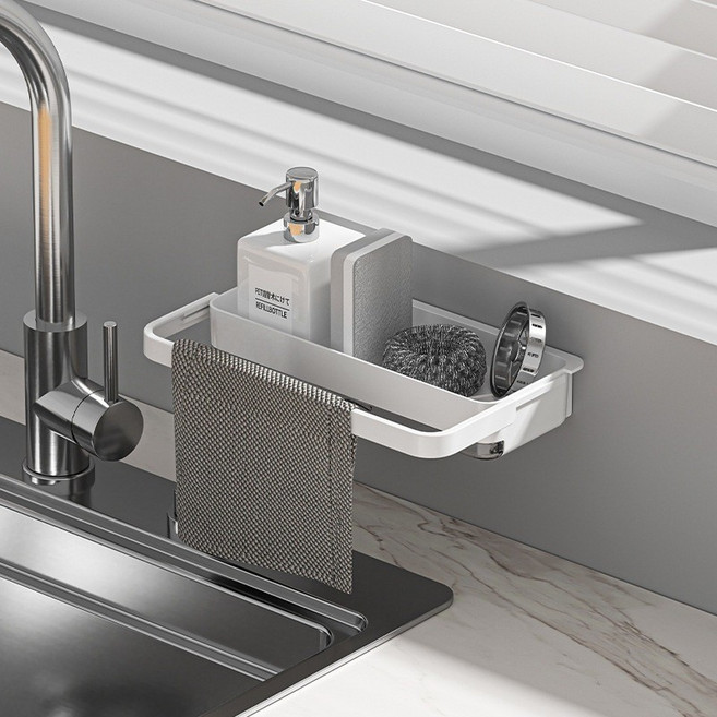 抹布海綿瀝水架 廚房掛壁式免打孔收納架, 1個, 白色