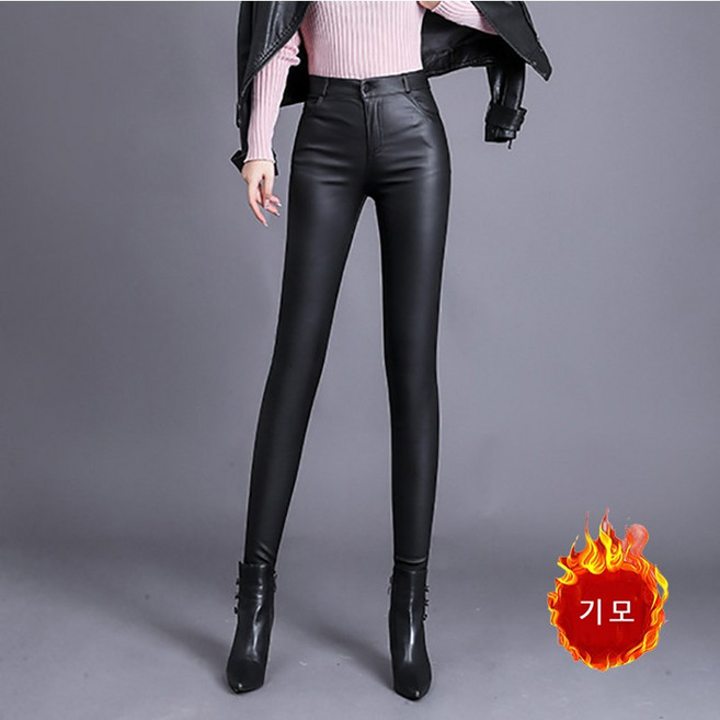 슬림소녀 여성 가을겨울 슬림핏 무광택 기모 스키니 가죽 바지