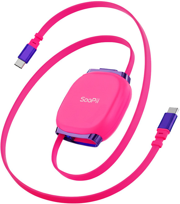 비비드 컬러 C타입 240W 휴대용 초고속충전 릴 케이블 마그네틱 자동감김, 핑크, 1개, 98.5cm