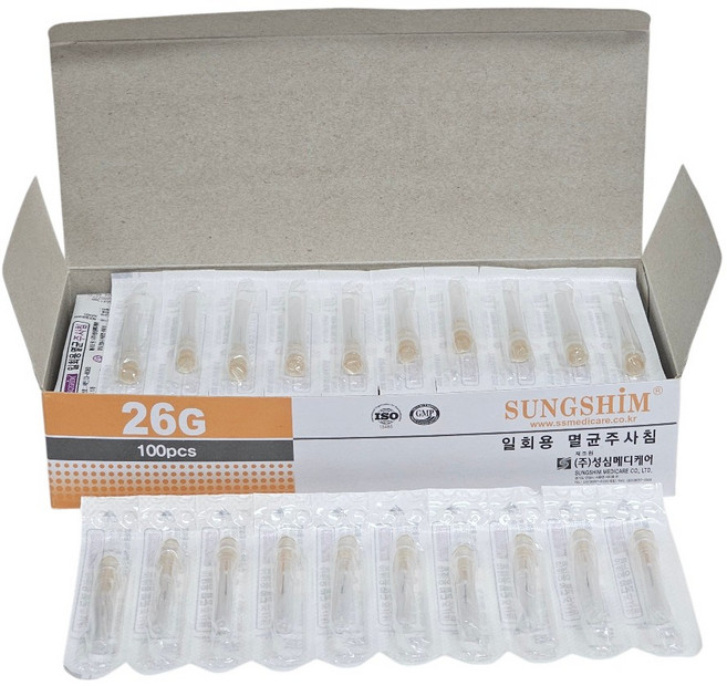 성심메디케어 멸균 일회용 주사바늘 26G 13mm 100개입 의료용 니들 개별포장, 1박스