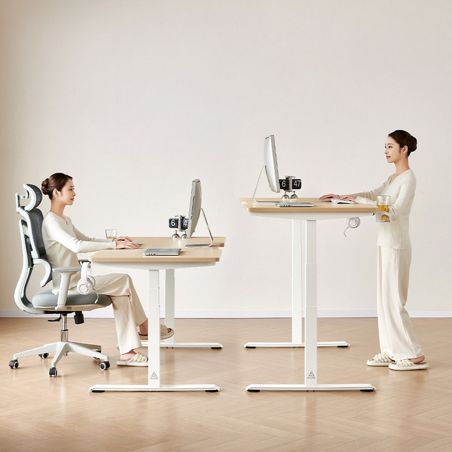 아우스 GE06 3-STEP 고강도 스퀘어 듀얼 모터 25mm상판 800폭 전동 모션데스크, 내추럴 상판+화이트 프레임