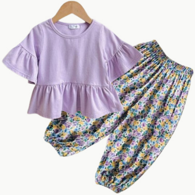 지디오 키즈 여아 여름 상하복 프릴 티셔츠 고쟁이 바지 밴딩 꽃무늬