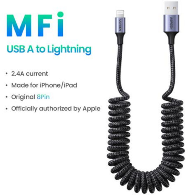 UGREEN 차량용 고속 충전 아이폰호환 14 13 12 프로 MFi 3A USB C-C 라이트닝 스프링 아이패드호환 A 케이블, [01] 1.5m, 없음, 1.5m