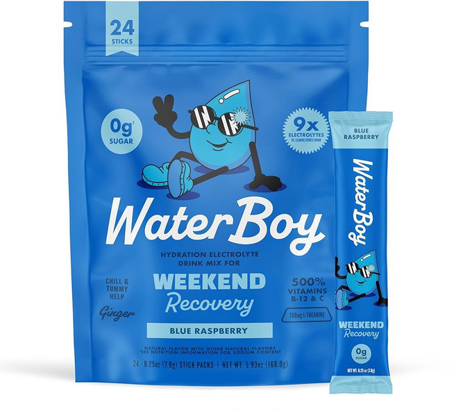 워터보이 주말 | 3 200mg 전해질 파우더 패킷 진저 + L-테아닌 설탕 없음 천연 글루텐, Salty Blue Razz 24ct