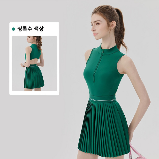 여성용 테니스 원피스 가슴 패드 내장 노출 방지 요가 원피스 배드민턴용 시원한 통기성 스포츠 스커트 팬츠