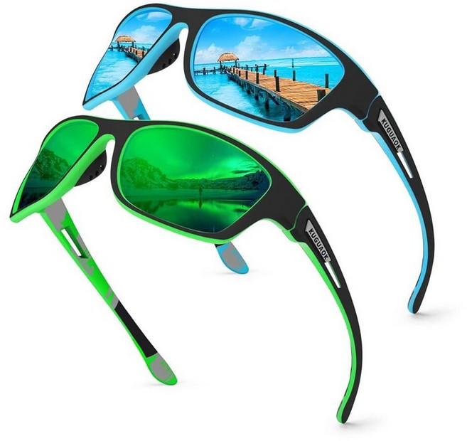 KUGUAOK 편광 스포츠 선글라스 남성용 운전 사이클링 낚시 100% 자외선 차단 고글 블루 미러 251807, 블루+그린 2팩
