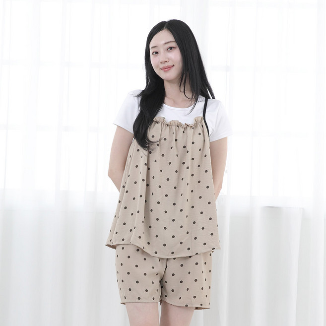 여성 여름 마원단 땡땡이 린넨 도트 잠옷세트 민소매 끈나시 반바지 상하의 세트 잠옷 여름 시원한 실내복 홈웨어 파자마 파티 주니어 학생 상의 하의 라운드넥 허리밴딩 편한잠옷