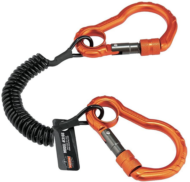 Ergodyne Squids 3156 루프 엔드 및 카라비너가 있는 코일 툴 랜야드 공구 무게 용량 0.9kg (2 파운드) 블랙 355018 3525768463, 코일 랜야드 - 이중 카라비너 - 0.9kg(2파운드)