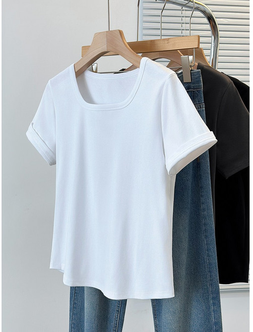 부엉구구 OW0232A 여성 여름 캐주얼 루즈핏 스판 유넥 반팔 티셔츠