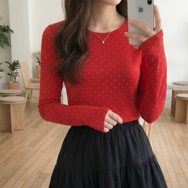 데일리앤 멘션 여성 부드러운 스판 기본 레이어드 도트 긴팔 티셔츠 봄 가을