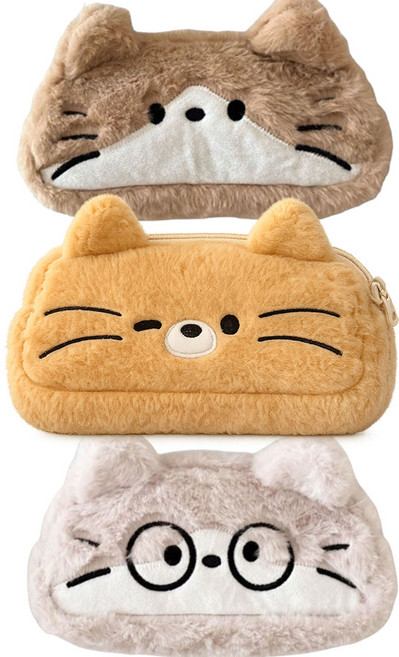 큐트캣 부드러운 고양이 캐릭터 자수 인형 필통 빅사이즈 파우치, 1개, 연브라운 고양이