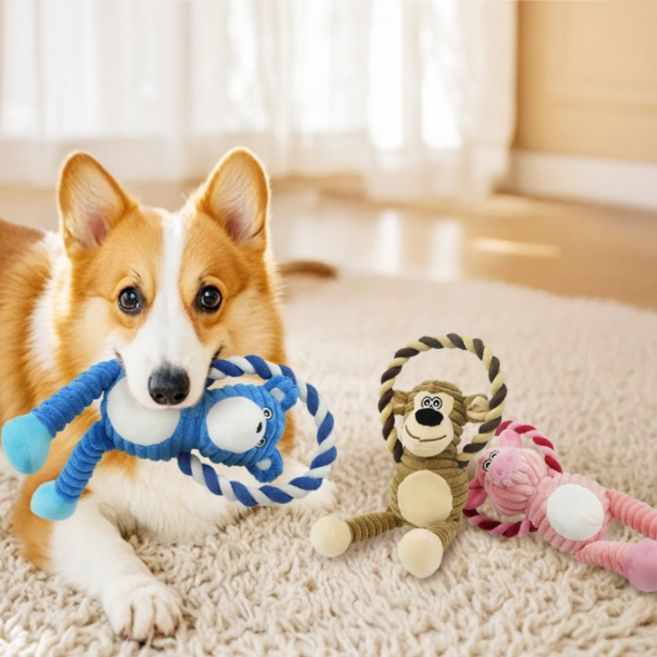 HANIKA 강아지 장난감 삑삑이 봉제 로프 인형, 1개, 브라운 원숭이