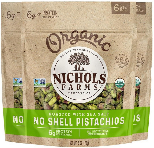 Nichols Farms 바다 소금으로 구운 껍질 없는 피스타치오 코셔 USDA 인증 유기농 GMO 프리 170g(6온스) (3팩)