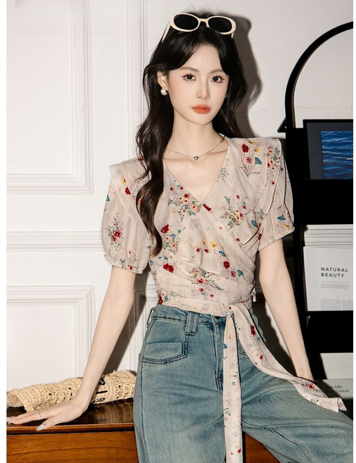 FINE ART 여성 나염 셔츠 플라워 상의 브이넥 블라우스 쉬폰 상의 끈 상의 루즈핏 여름 반팔