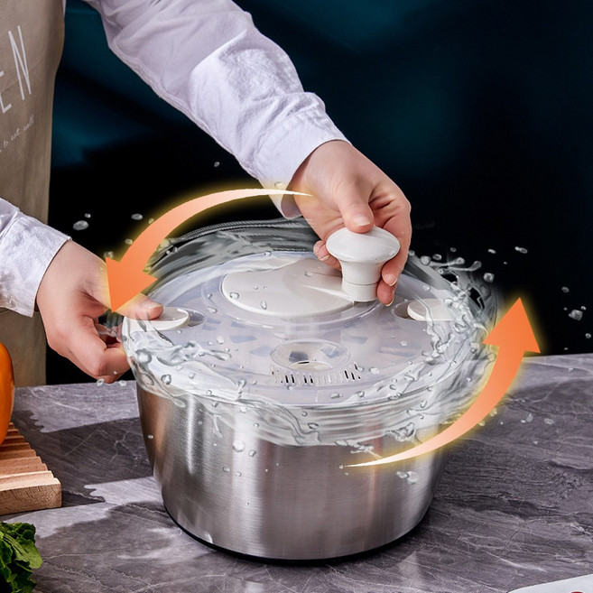 360도 회전 스텐 야채탈수기 음식 짤순이 대용량 무선 채소 샐러드 건조기, 1개