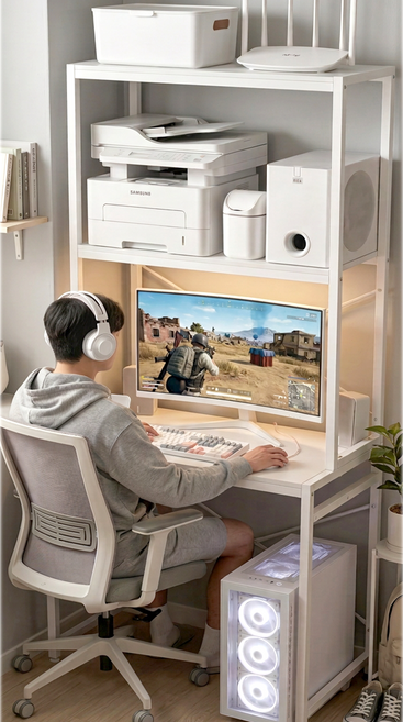 선반책상 3단책상 좁은 공간 책상 수납 컴퓨터 책상, 화이트