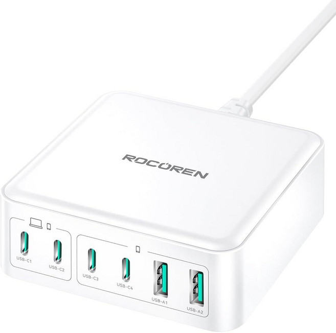 270W USB C 충전기 블록 Rocoren 6 포트 멀티 USB-C 충전 스테이션 100W PD 고속 USBC 간 스테이션 허브 도크 여러 장치용 맥북/아이폰 17/, White