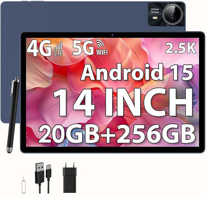 2026 고화질 슈퍼 14인치 대형 화면 태블릿 PC 안드로이드15 4G 전화 통화 20GB512GB BT 5G WiFi GPS 구글 플레이 패드, [02] Add Keyboard Case, [16] 256GB Blue