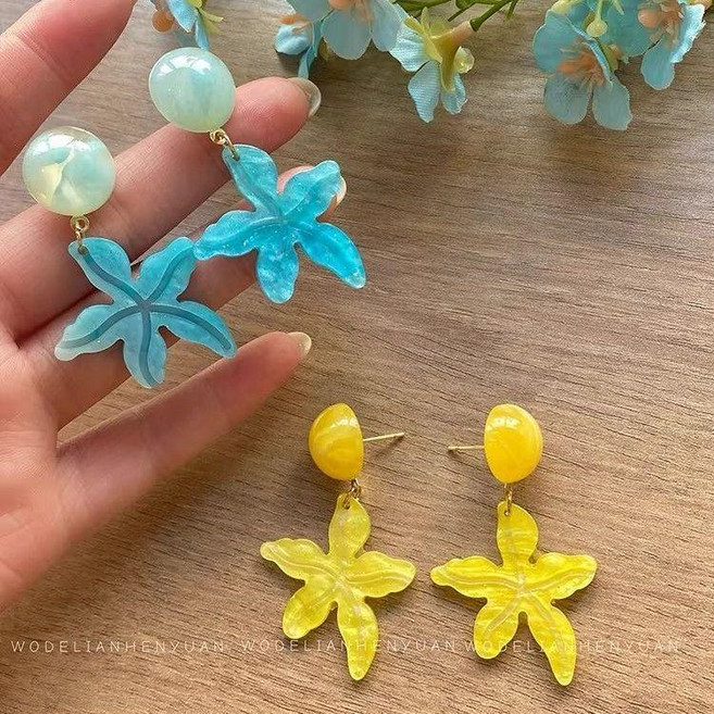 黃色花朵吊墜耳環 夏日森系度假風
