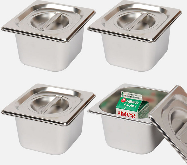 강화 스텐 사각 밧드+뚜껑 세트 주방용 냉장고 반찬 바트 용기, 4세트, 4인치 몸체+뚜껑