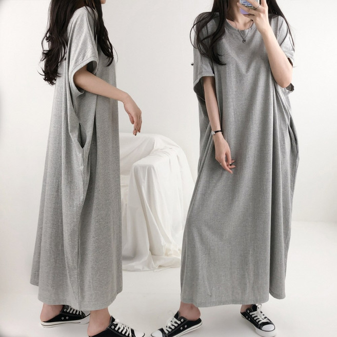 엘케이엘 왕박시 [~4XL] 국산 빅사이즈 오버핏 가오리 포켓 반팔 면 롱 원피스