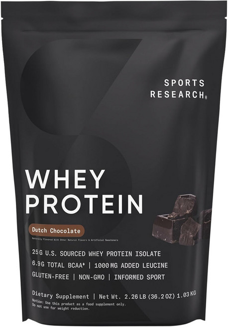 SPORTS RESEARCH 分離乳清蛋白粉 可可風味 無麩質, 1.03kg, 1包