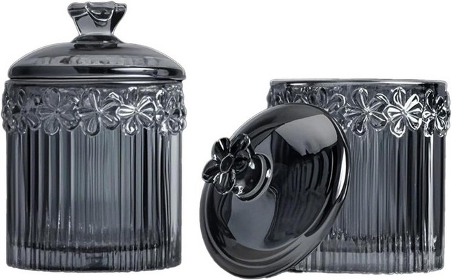 메이루커 2팩 큐팁 홀더 욕실용 뚜껑이 있는 두꺼운 유리 약병 면봉 및 원형 정리함 화장 패드용 배니티 보관 용기 치실회색, Gray