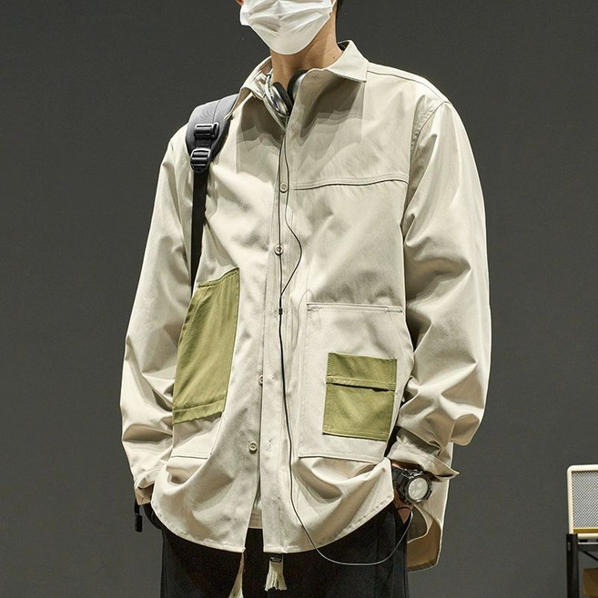【日系復古潮】工裝襯衫 男裝襯衫 長袖襯衫 春秋外套 寬鬆上衣 潮流男裝 復古做舊 多口袋設計 春秋季通勤休閒穿搭
